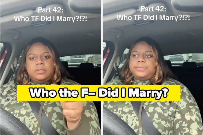 Reesa Teesa from TikTok in a vehicle expressing shock with the caption &quot;Who the F— Did I Marry?&quot; for a relationship-themed article