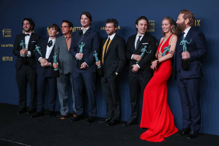 The cast of &quot;Oppenheimer&quot; holding their SAG Awards