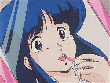 Personaje animado femenino aplicándose lápiz labial