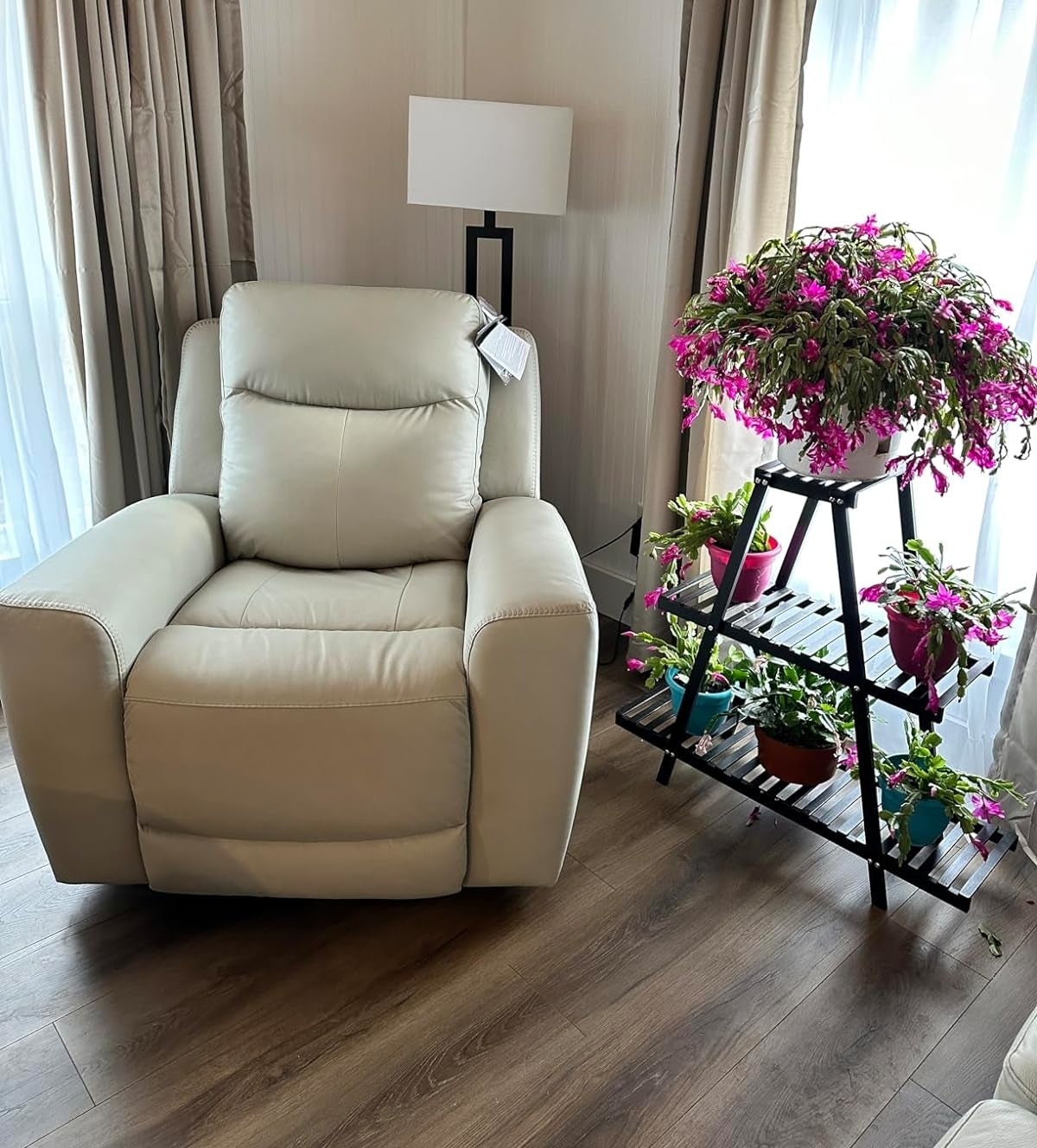 Comfortable beige recliner chair near a window with a plant on a multi-tiered stand, ideal for a cozy reading corner