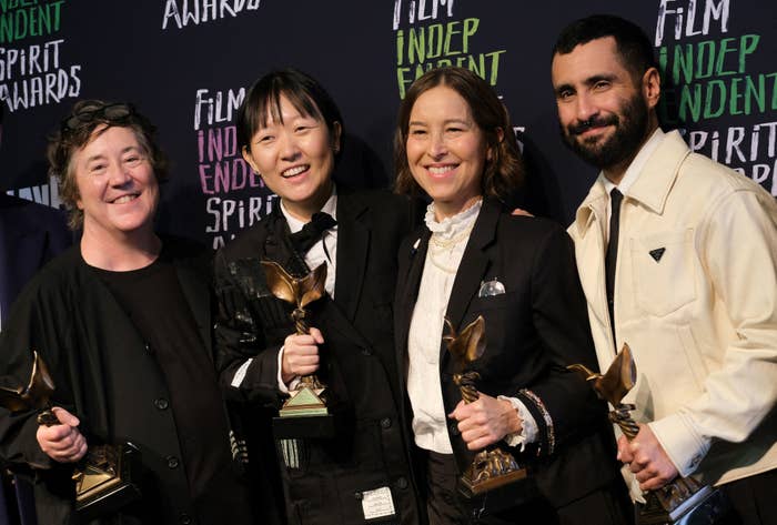 The crew of &quot;Past Lives&quot; holding their Independent Spirit Awards