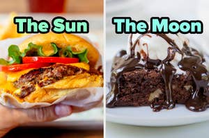 On the left, someone holding a cheeseburger labeled the sun, and on the right, a brownie topped with vanilla ice cream and hot fudge labeled the moon