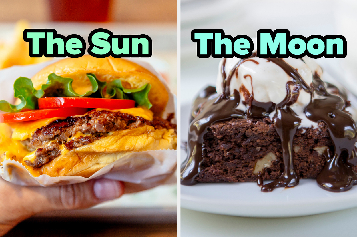On the left, someone holding a cheeseburger labeled the sun, and on the right, a brownie topped with vanilla ice cream and hot fudge labeled the moon