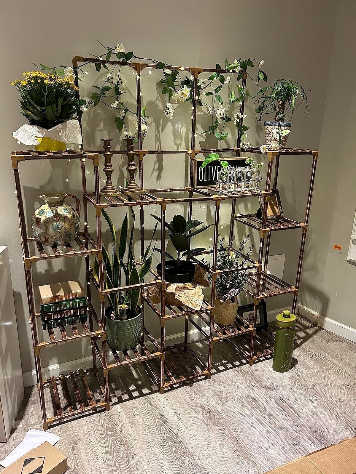 A wood shelving unit displaying a variety of houseplants, decorative items, and a sign that says &quot;OLIVE YOU&quot;