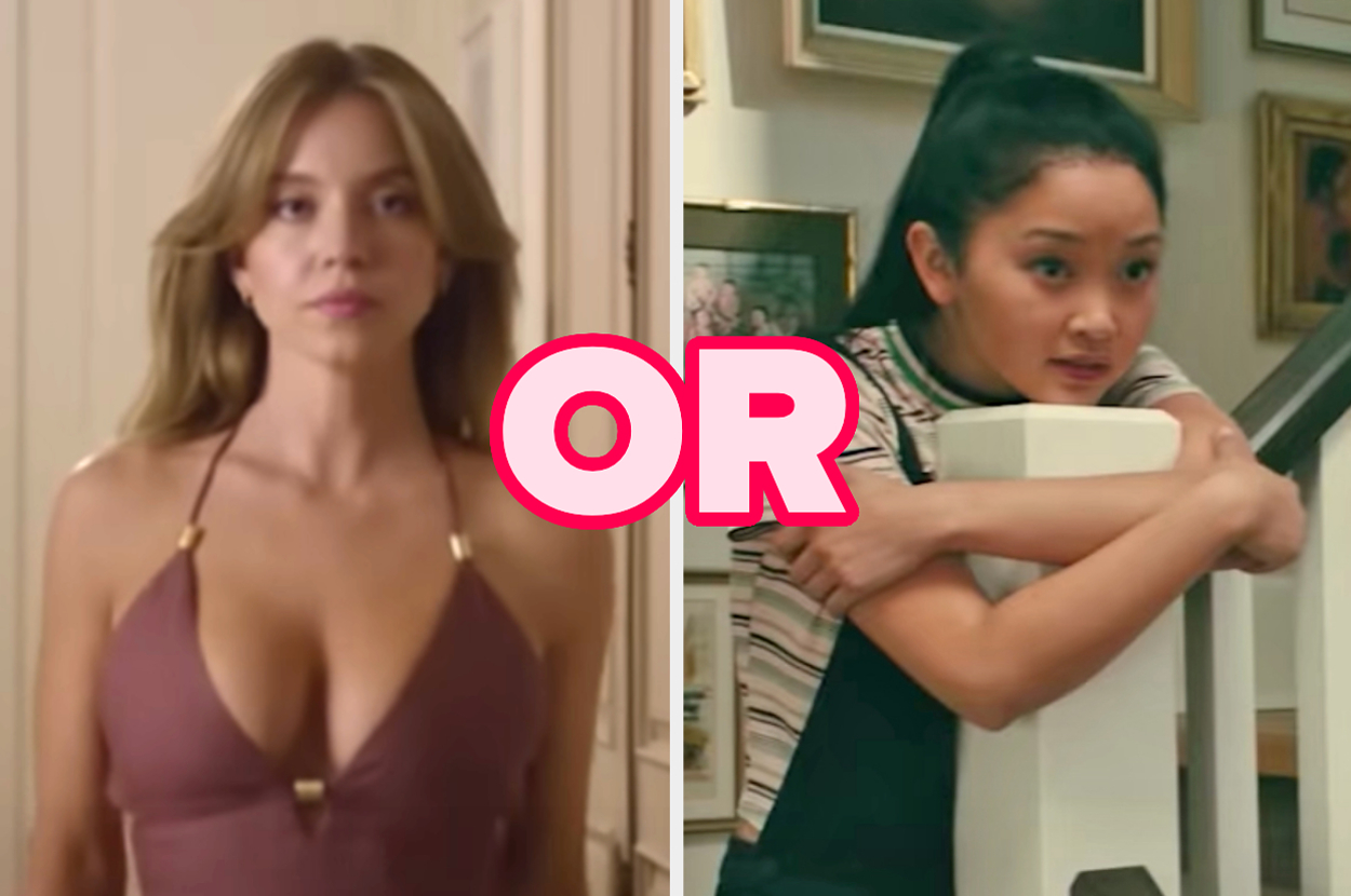 On the left, Sydney Sweeney as Bea from Anyone but You, and on the right, Lana Condor as Lara Jean in To All the Boys with or typed in the middle