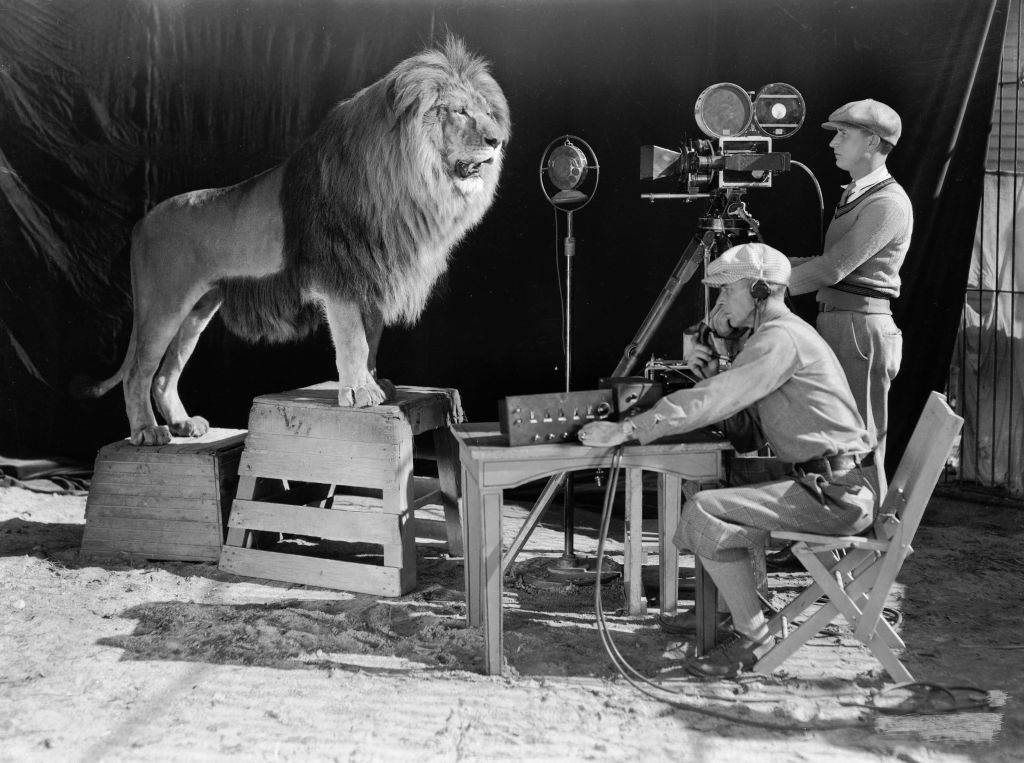 A cameraman and a sound technician record the roar of Leo the Lion for MGM&#x27;s famous movie logo