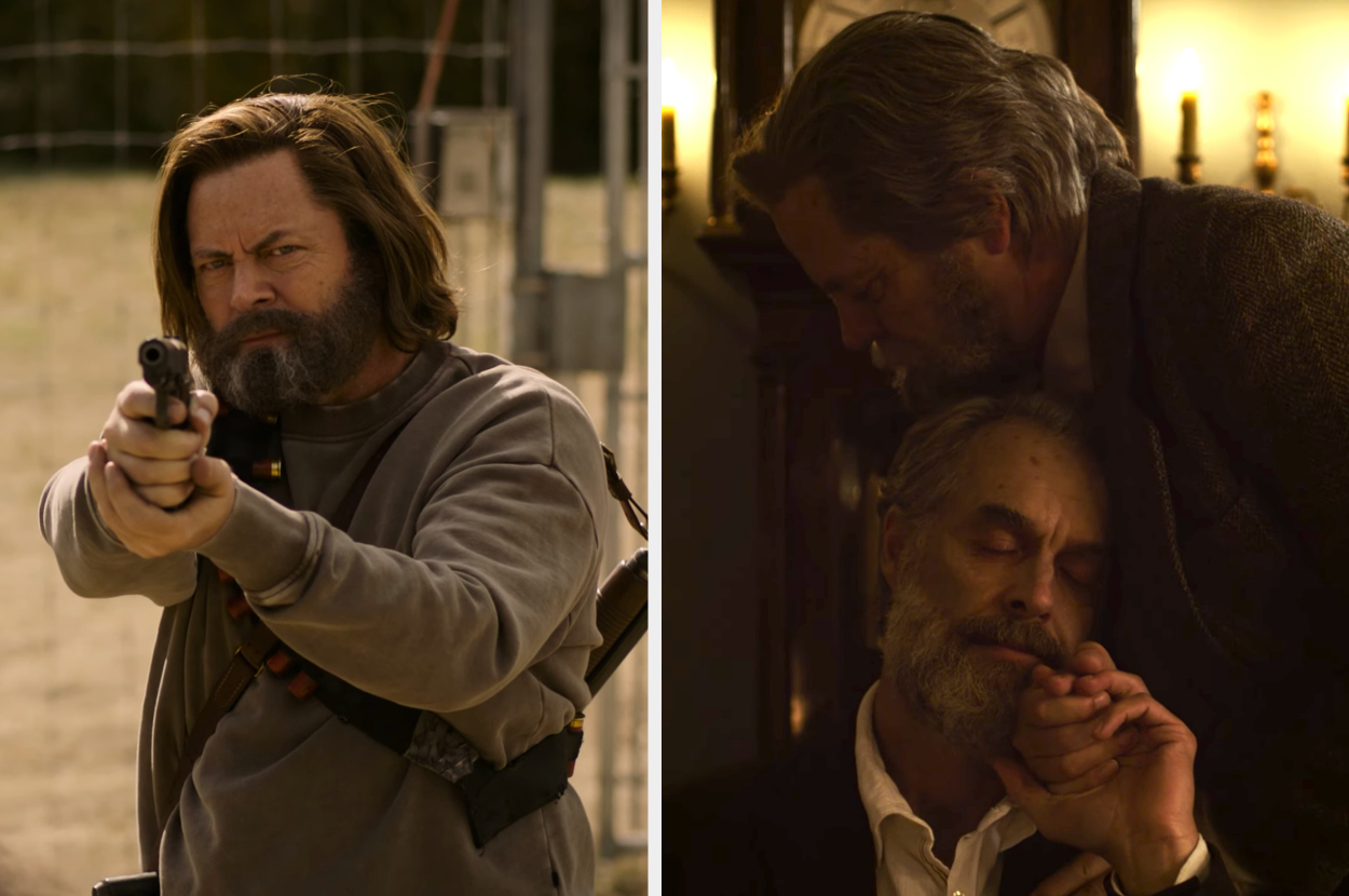 Two scenes: Nick Offerman&#x27;s character aiming a gun and an older version of Nick&#x27;s character consoling Murray Bartlett&#x27;s character