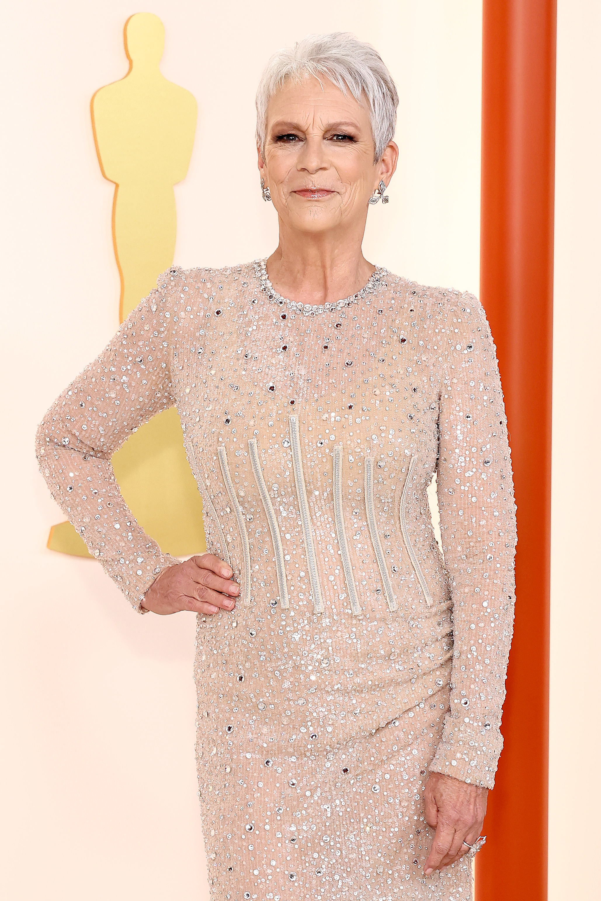 Jamie Lee Curtis poses in a long-sleeved, embellished dress at an awards event