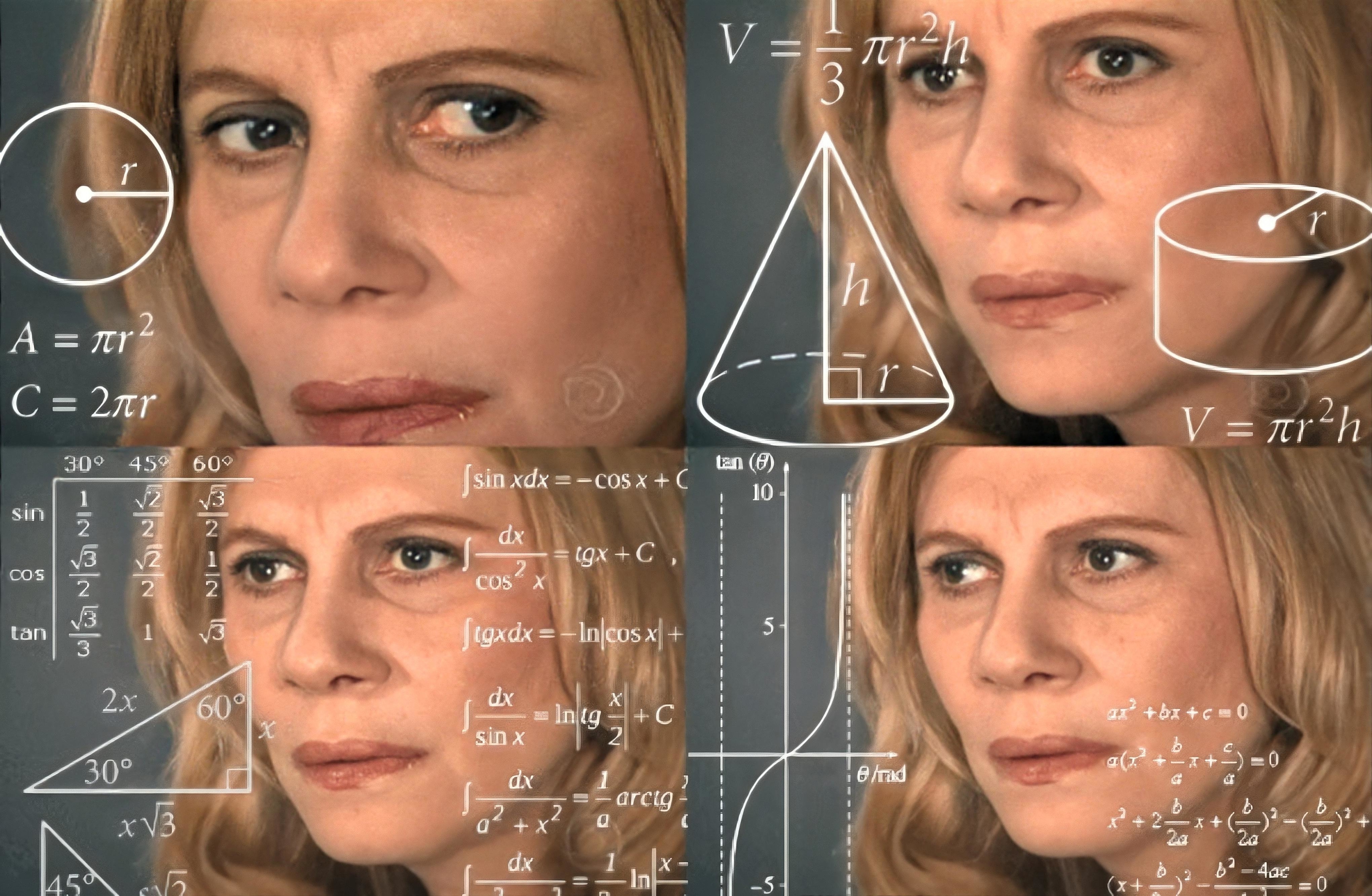 Person looking pensive with multiple mathematical formulas and geometric figures superimposed around them