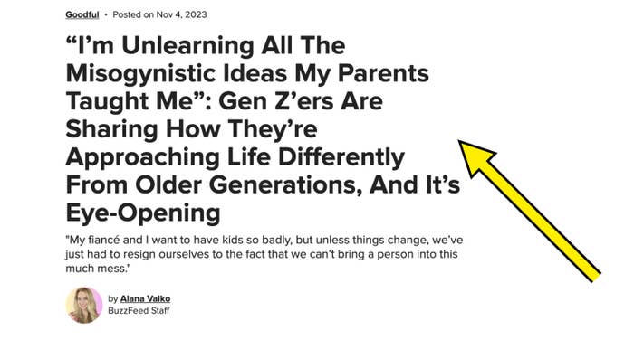 Article headline and subheading discussing generational differences in teaching ideas to children, highlighting a personal revelation
