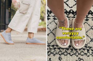 on left: model wearing gray breathable sneakers, on right: reviewer wearing beige slip-on sandals