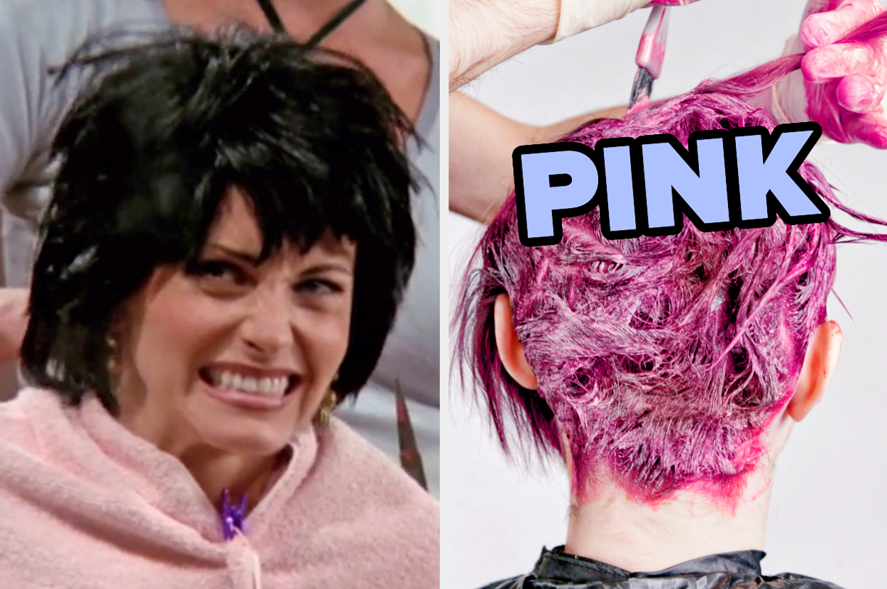 On the left, Monica from Friends with a short, choppy hairdo, and on the right, someone getting their hair dyed pink