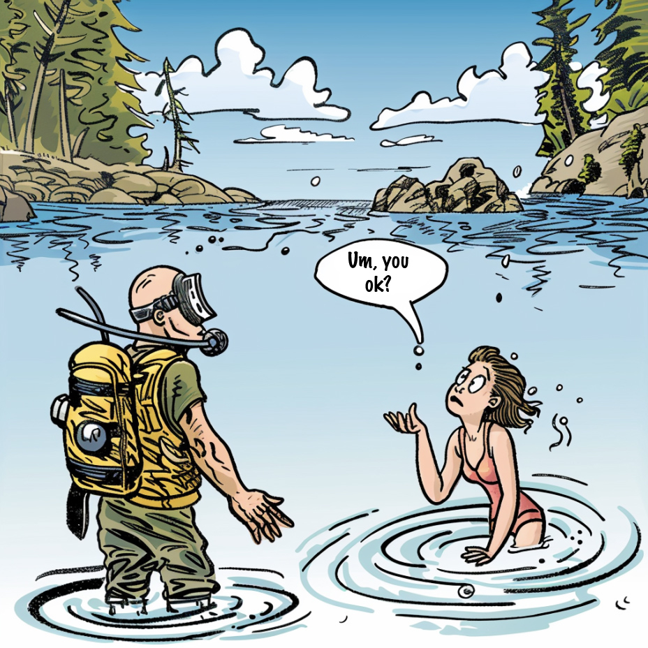 Illustration of a scuba diver on land looking perplexed at a swimmer in water