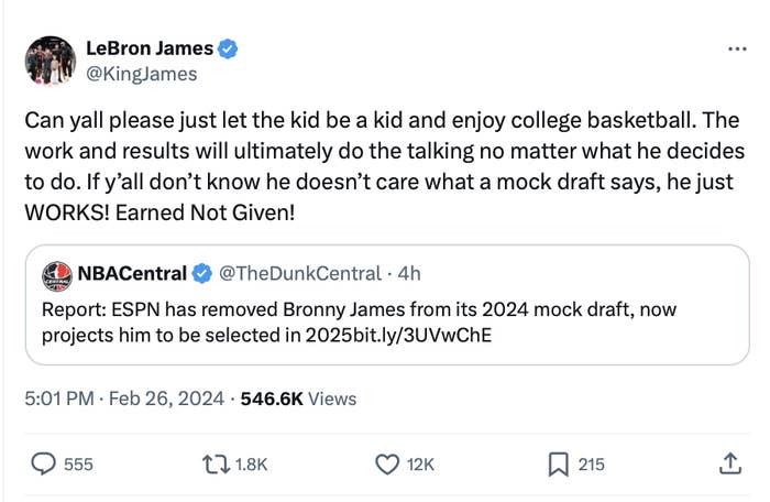 Tweet from LeBron James defending a kid’s choice to enjoy college basketball and ignore mock draft commentary