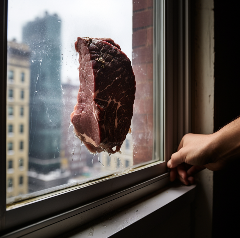 A large piece of raw meat slapped against a window with city buildings in the background