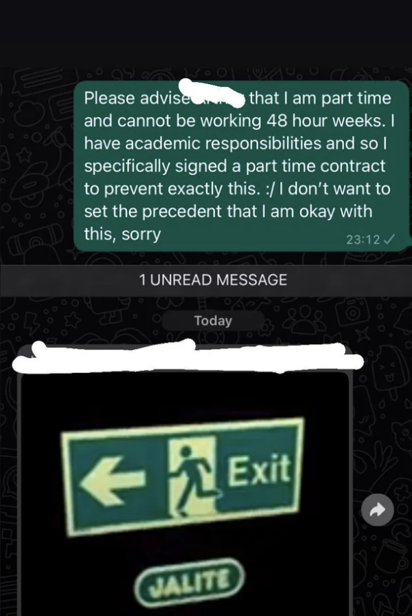 A screenshot of a text conversation with an emergency exit sign GIF sent as a response