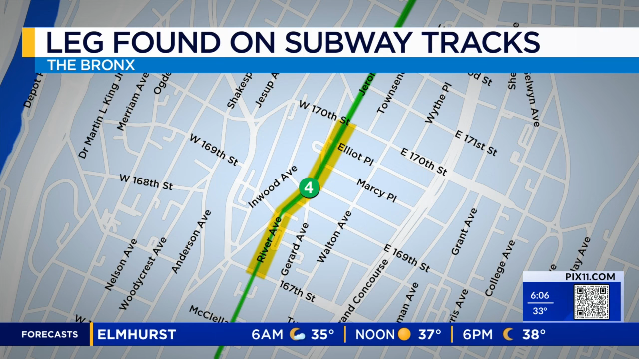 Map showing location in The Bronx where a leg was found on subway tracks, with QR code for PIX11.com