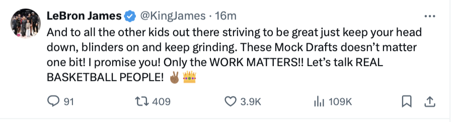 Tweet from LeBron James encouraging kids to focus on their work and ignore mock drafts, ending with a call to discuss real basketball