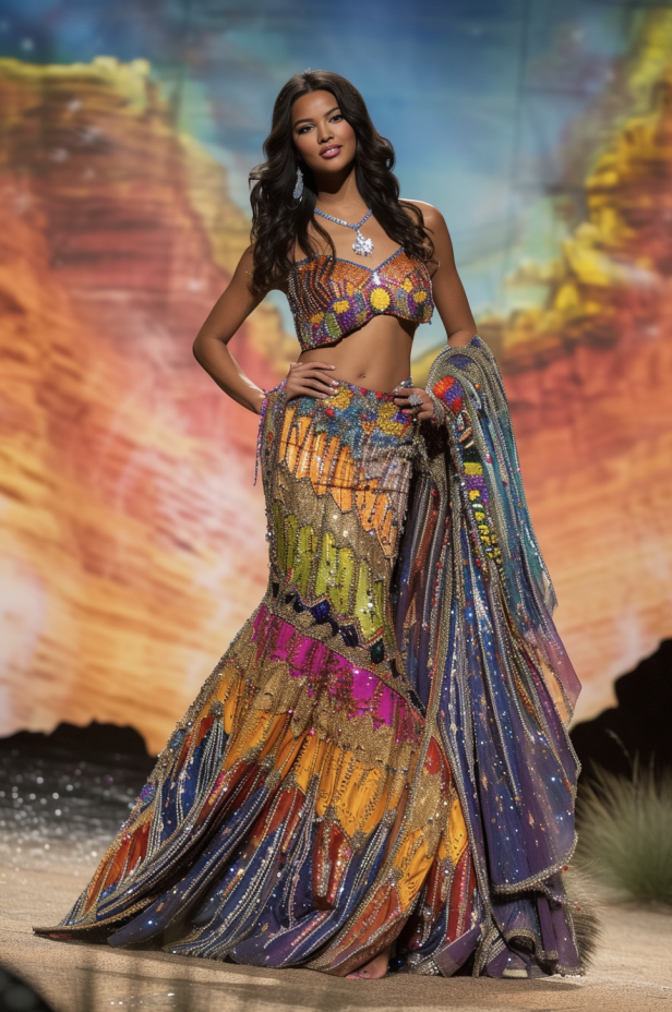 Model in a vibrant, beaded two-piece ensemble with a flowing skirt on a runway