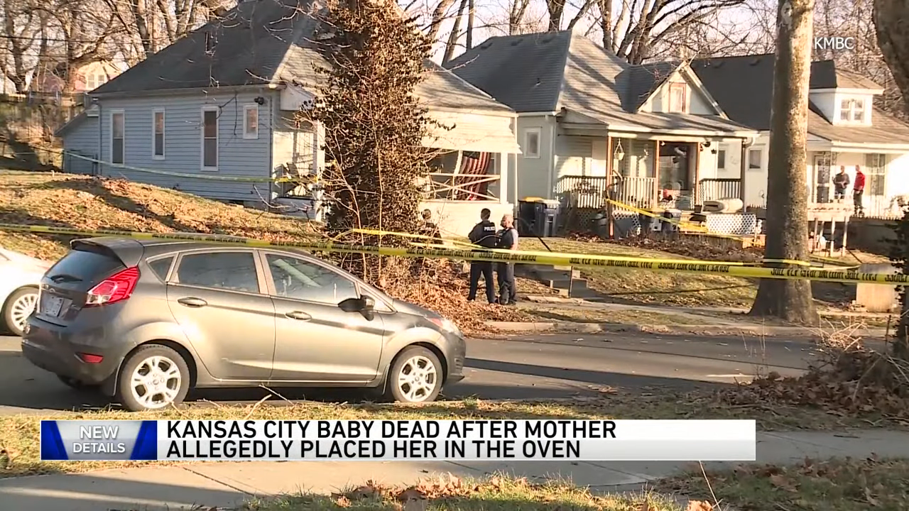 Crime scene with police tape in front of a house, news caption about a tragic incident involving a baby