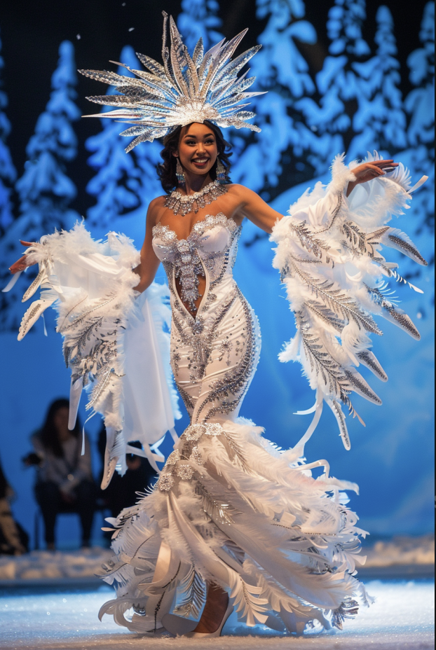 Performer in a bejeweled costume with feathered headdress and wings onstage, backdrop of winter trees