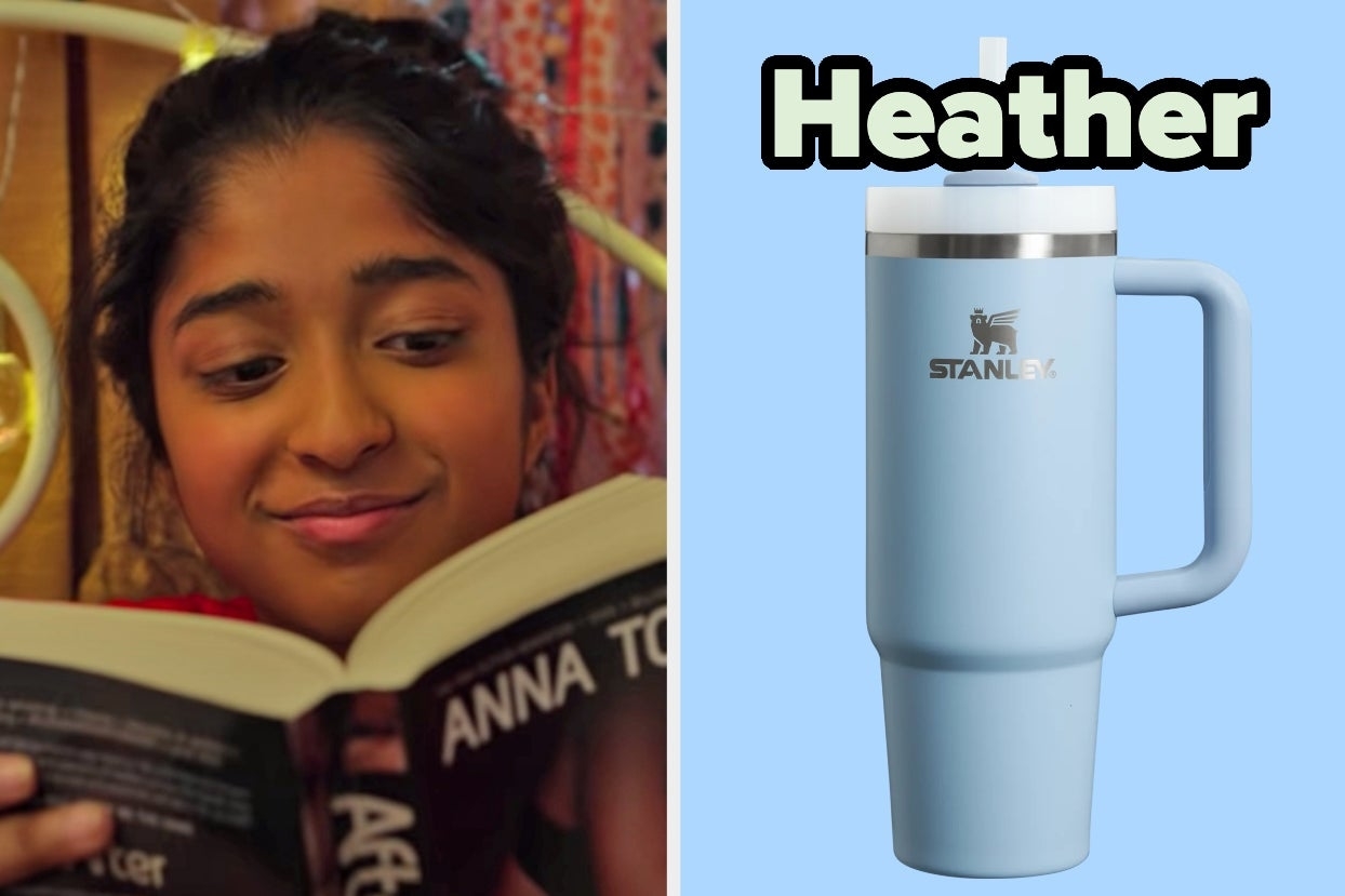 On the left, Devi from Never Have I Ever reading a book, and on the right, a Stanley Cup labeled Heather