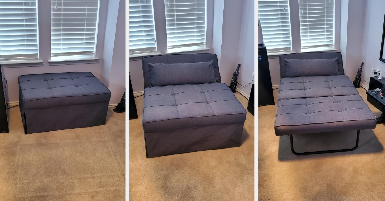 Three stages of a convertible ottoman to bed furniture, transitioning from ottoman to extended sleeper