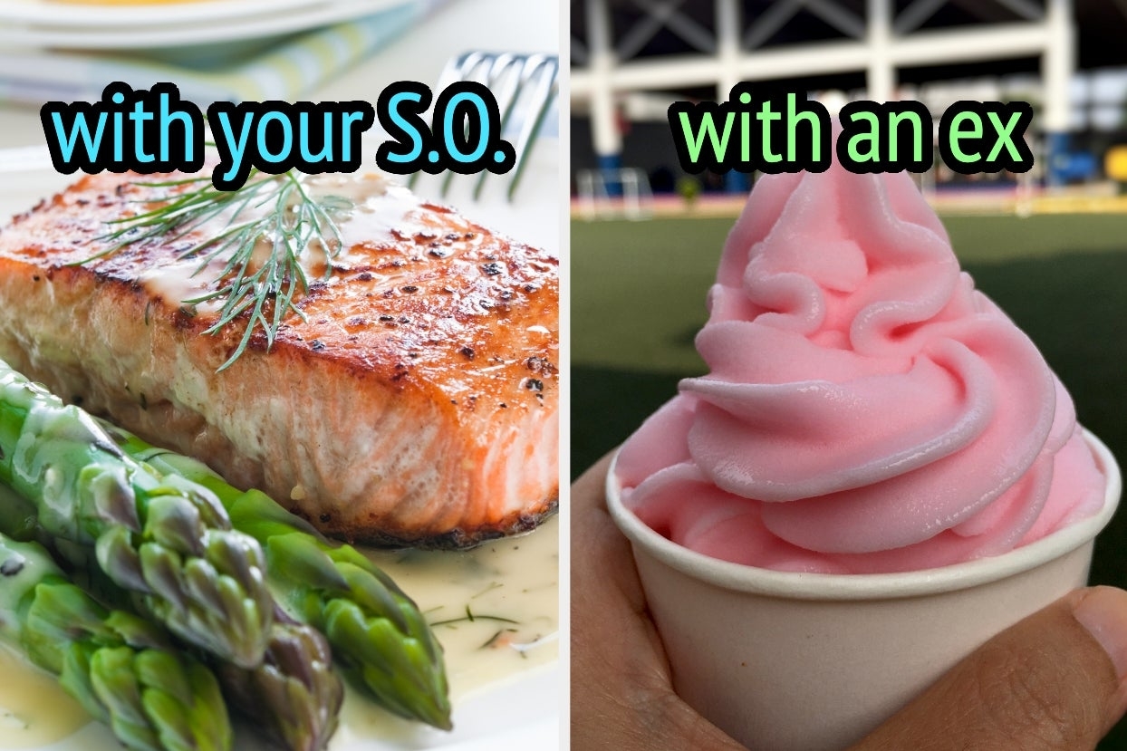 On the left, a salmon fillet with side of asparagus &quot;with your S.O.&quot; typed above it, and on the right, someone holding a cup of strawberry frozen yogurt with &quot;with an ex&quot; typed above it