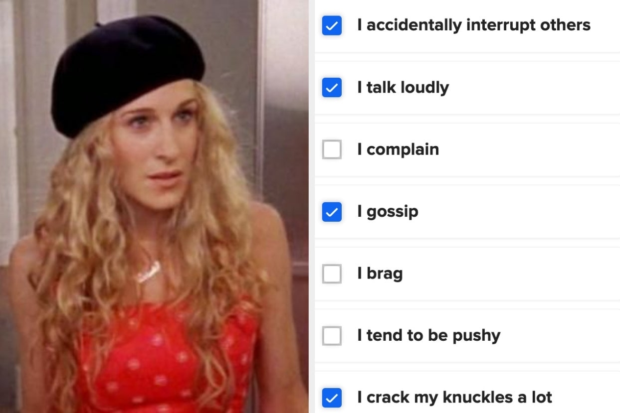 Person resembling Carrie Bradshaw wears a hat and top; adjacent checklist with various personal habits marked