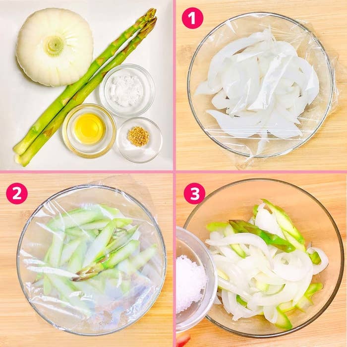 玉ねぎとアスパラガスの料理手順を示す4枚の画像。