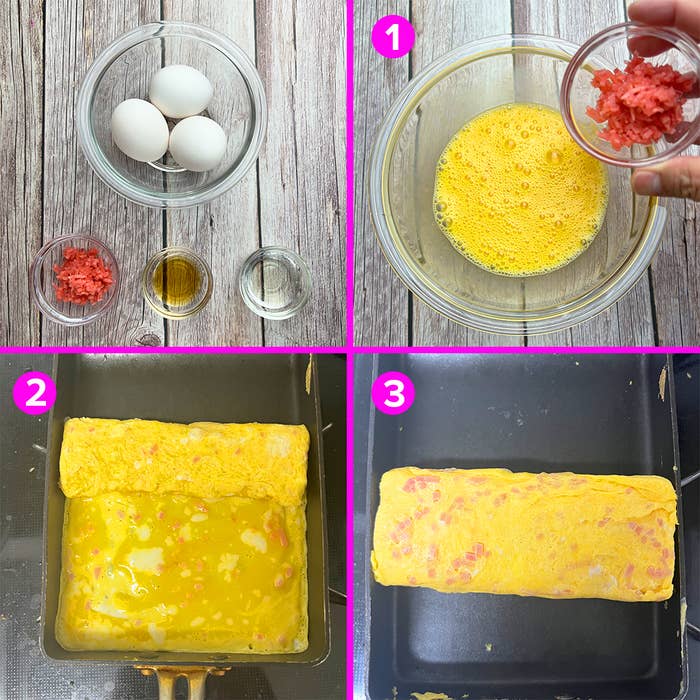卵料理の作り方を示す4枚の写真。