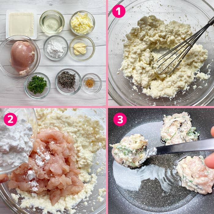 材料と手順を説明する四枚の画像で料理レシピ広告。1.材料準備、2.材料混合、3.調理開始。