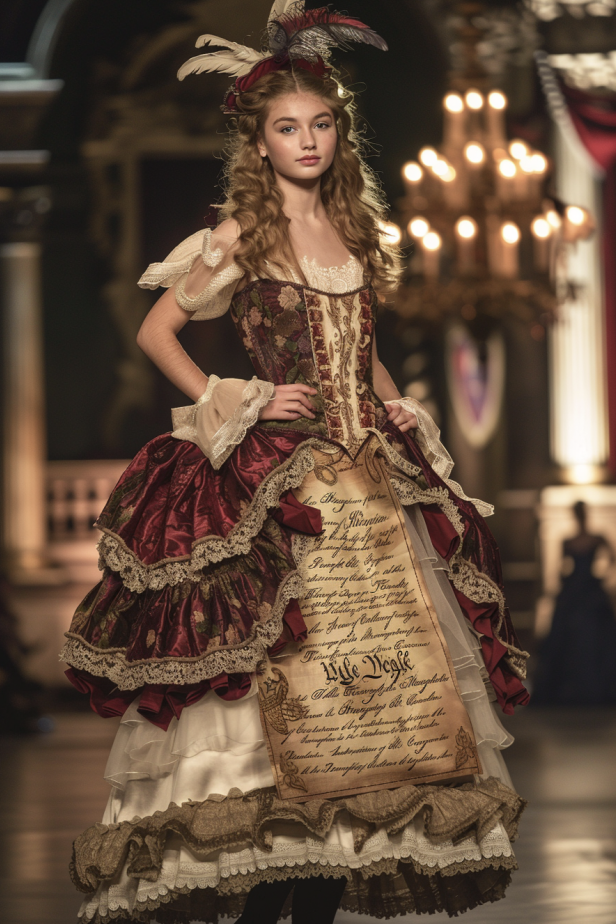 Model in an elaborate period costume with scripted text on the skirt