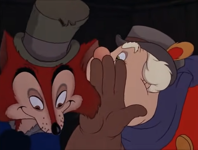 animated man whispering into a fox&#x27;s ear in pinnocchio