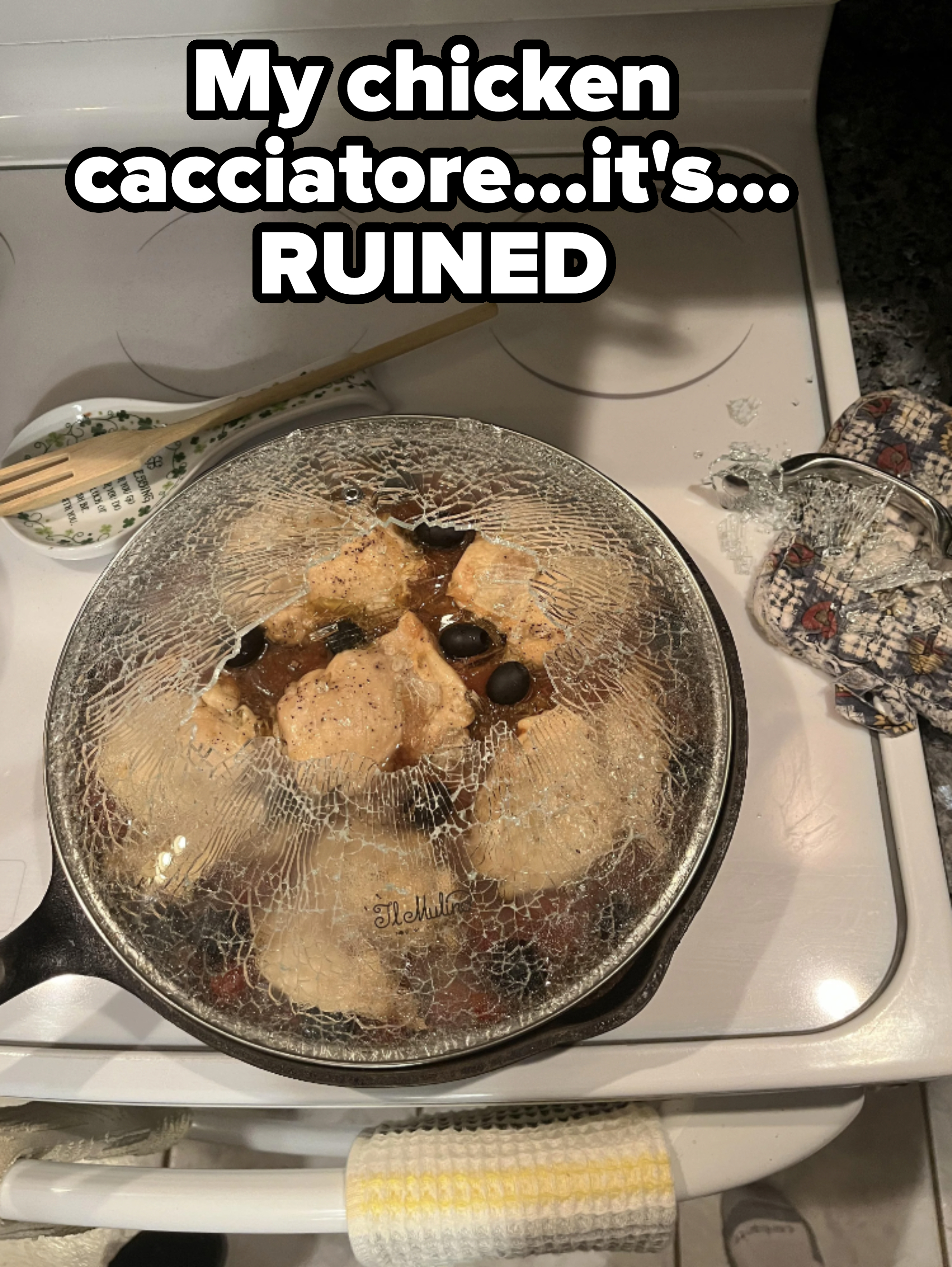 Stovetop with a pan containing chicken cacciatore, covered by a shattered lid