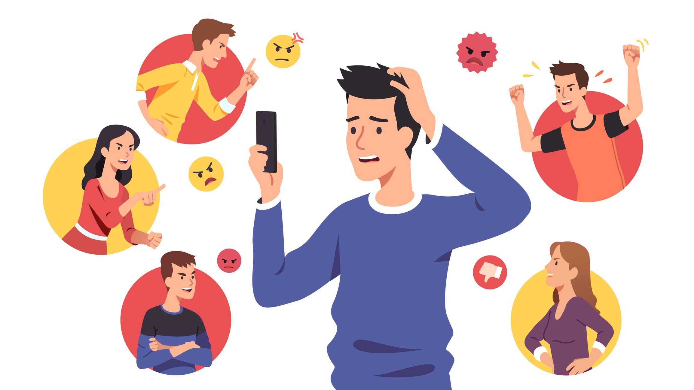 Illustration of a person surrounded by social media reactions, emoticons, and interactions from others