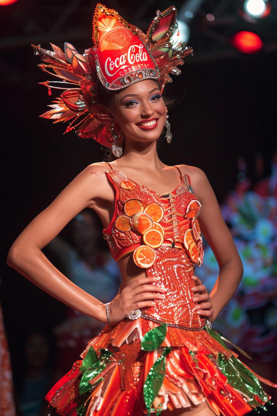 Model in an intricately designed outfit themed after Coca-Cola, featuring brand logos and elements resembling citrus fruits