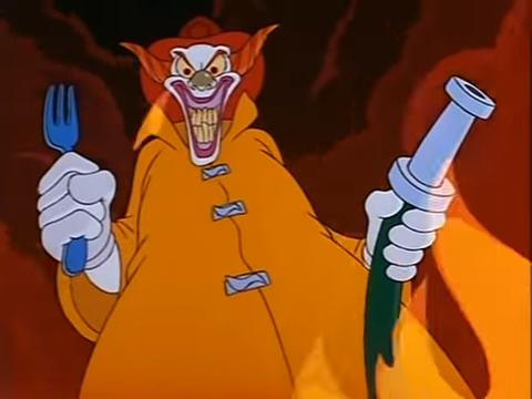 Animated clown dressed as a fireman with sharp teeth holding a fork and fire hose, appearing ready to eat