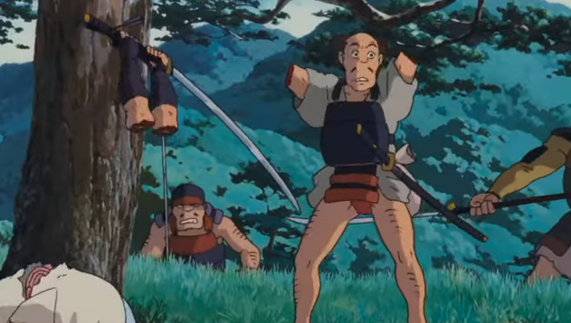 Animated scene with characters from Studio Ghibli&#x27;s film, including a fearful woman on the ground