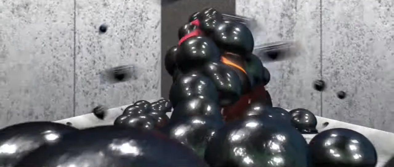 Animated character Mr. Incredible covered in black gooey balls