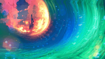 Ilustración animada de una persona frente a un portal cósmico con ondas de energía