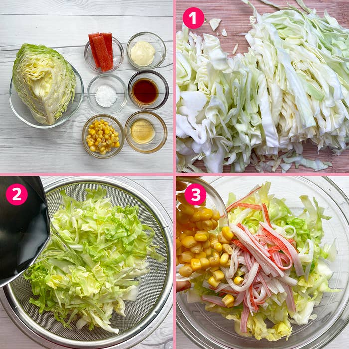 キャベツのサラダのレシピの手順が4つの画像で表示されています。