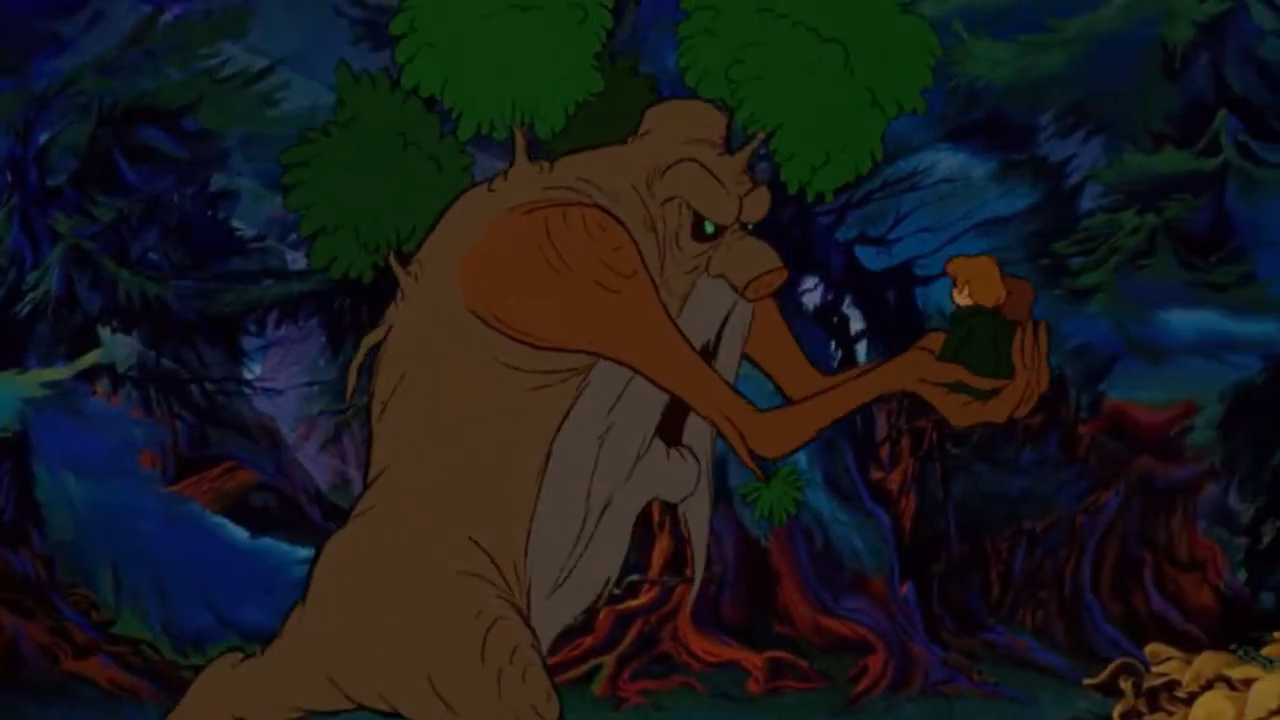 Animated characters, a large tree-like figure holding a small woodland creature, both in a forest setting