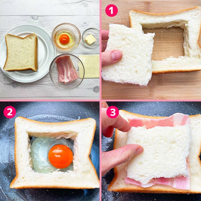 食パンで卵とベーコンを焼く工程を示した4枚の写真です。