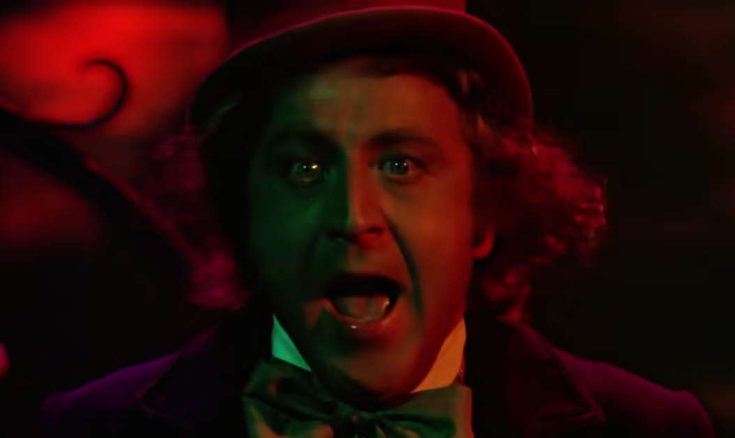Gene Wilder as Willy Wonka, excited expression, bow tie, top hat, in factory setting
