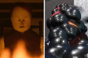felt character with a scary face and mr. incredible covered in black blobs