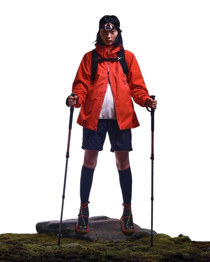 Person in hiking gear with poles standing on a rock