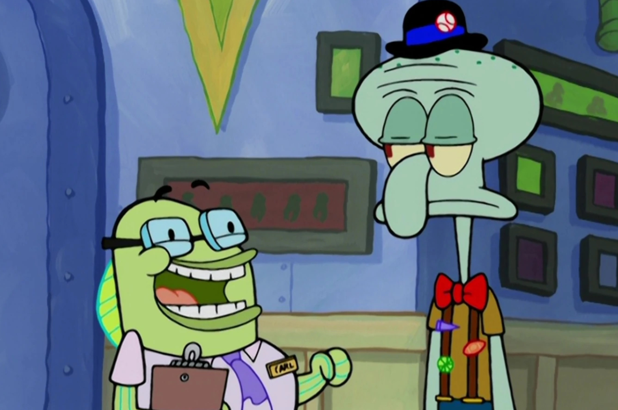 Animated characters Squidward and SpongeBob inside the Krusty Krab, Squidward is annoyed, SpongeBob is smiling with a notepad