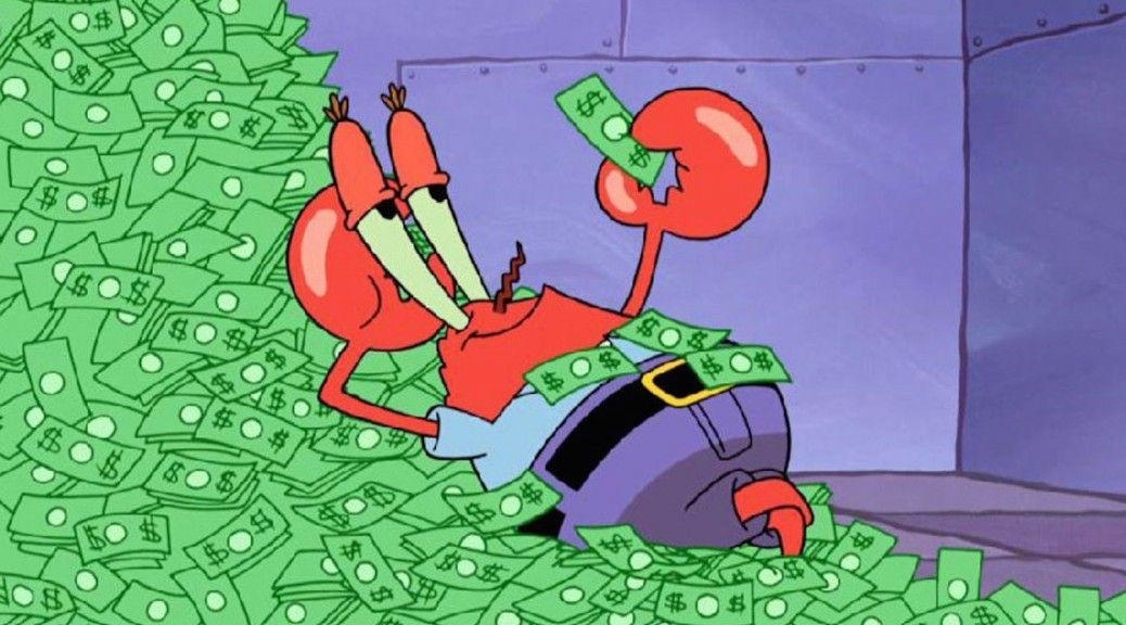 Mr. Krabs from SpongeBob SquarePants lying in a pile of money, looking happy