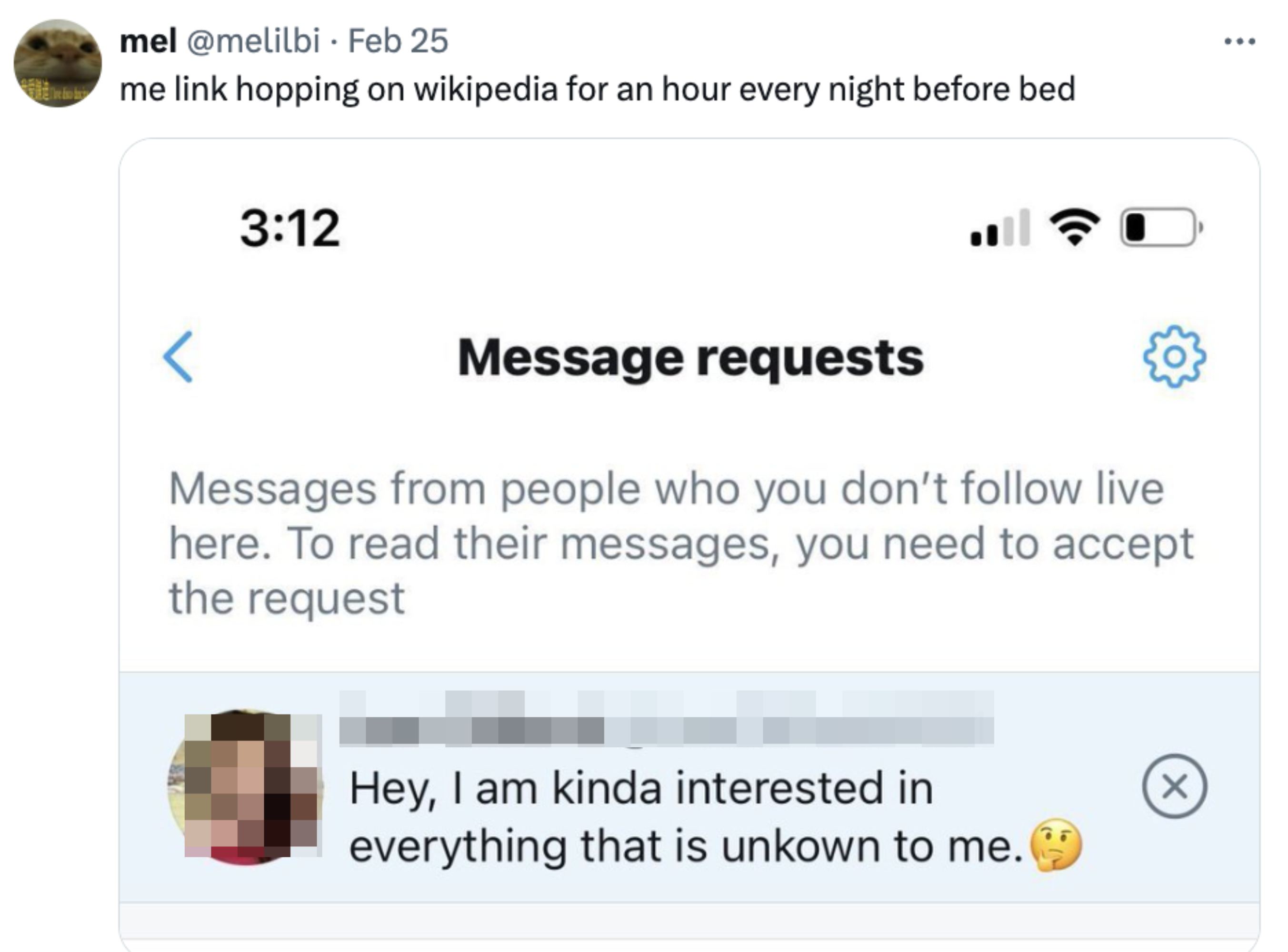 A screenshot of a tweet by mel @meliblib about browsing Wikipedia before bed, showing a message request notification preview from Lee Clifford